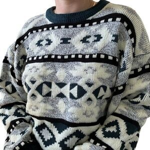 Vintage 1990s Green Geometric Preppy Oversized Ugly Ski Sweater Sz M